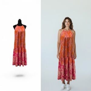 Gabby Skye sleeveless orange & pink tiered summer print maxi dress size 12
